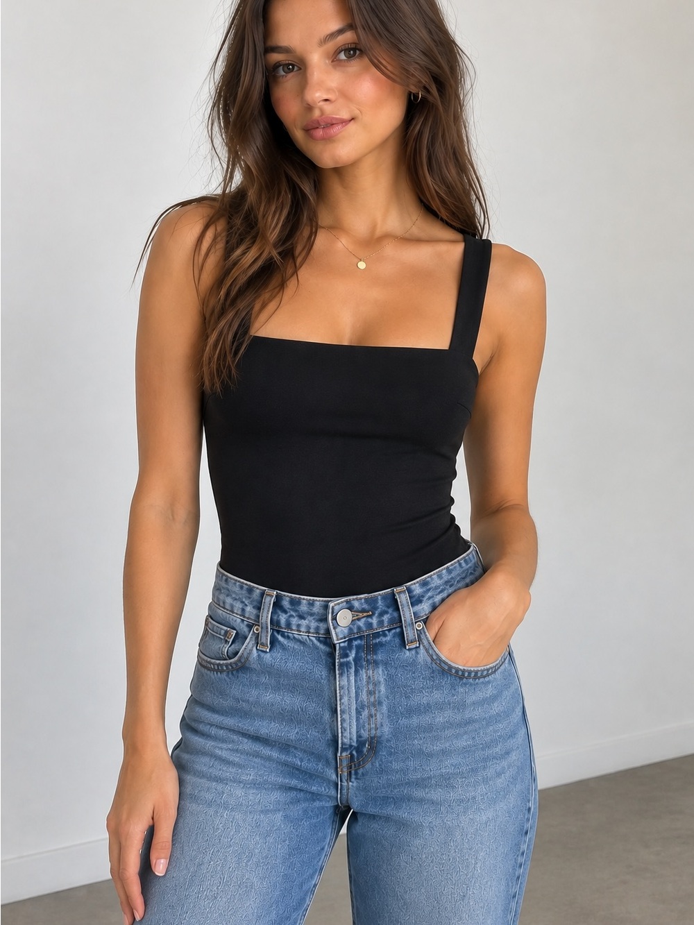 Lulus Basics Black Square Neck Bodysuit Size S